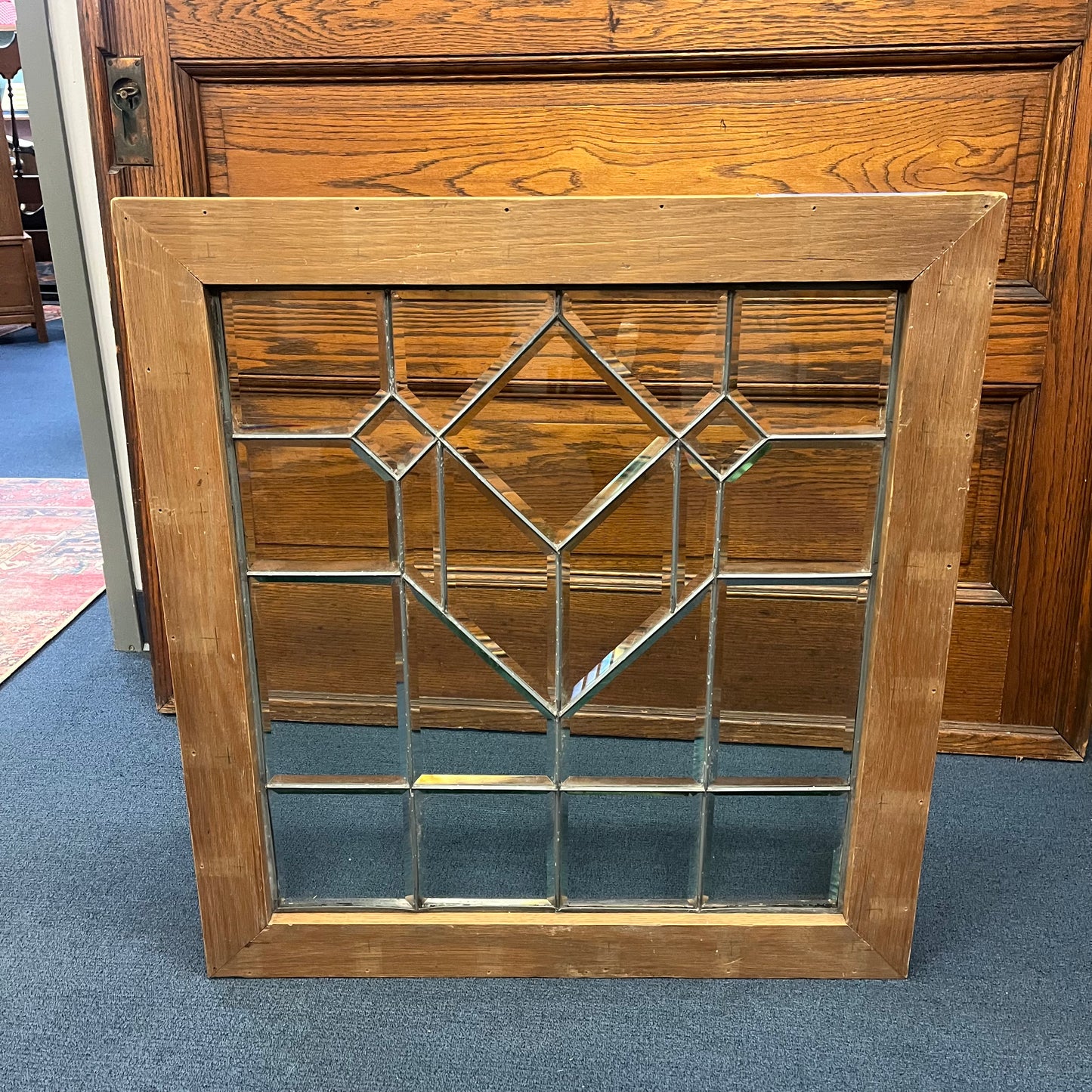 Antique Beveled Glass Leaded Window With Reclaimed Oak Frame