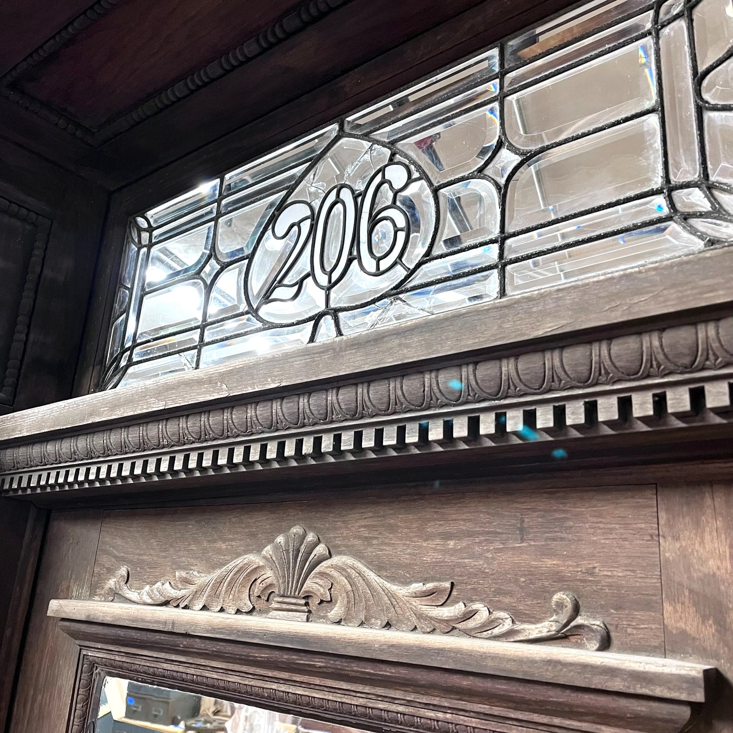 Antique Victorian Entry Door Set w/Leaded Glass Transom