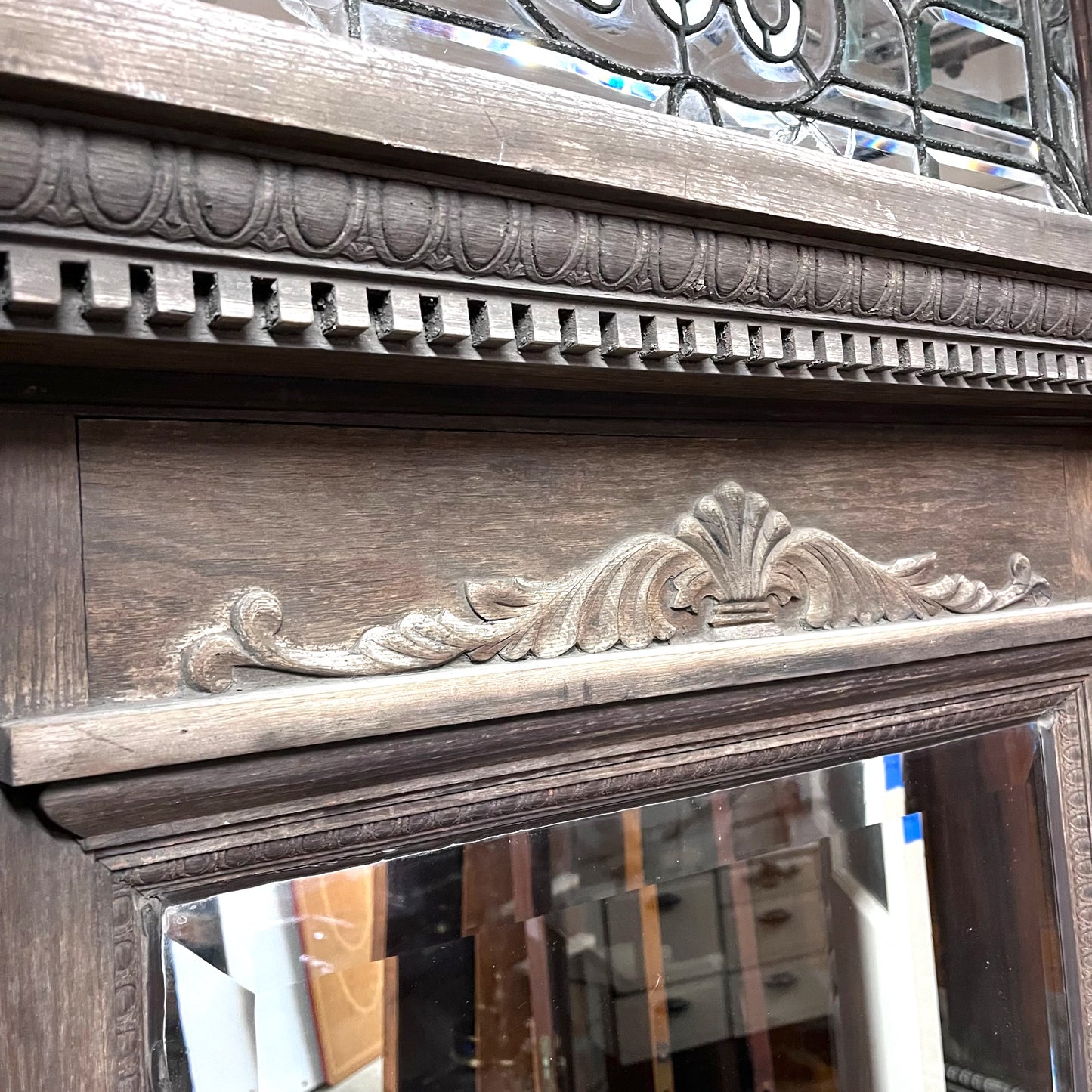 Antique Victorian Entry Door Set w/Leaded Glass Transom