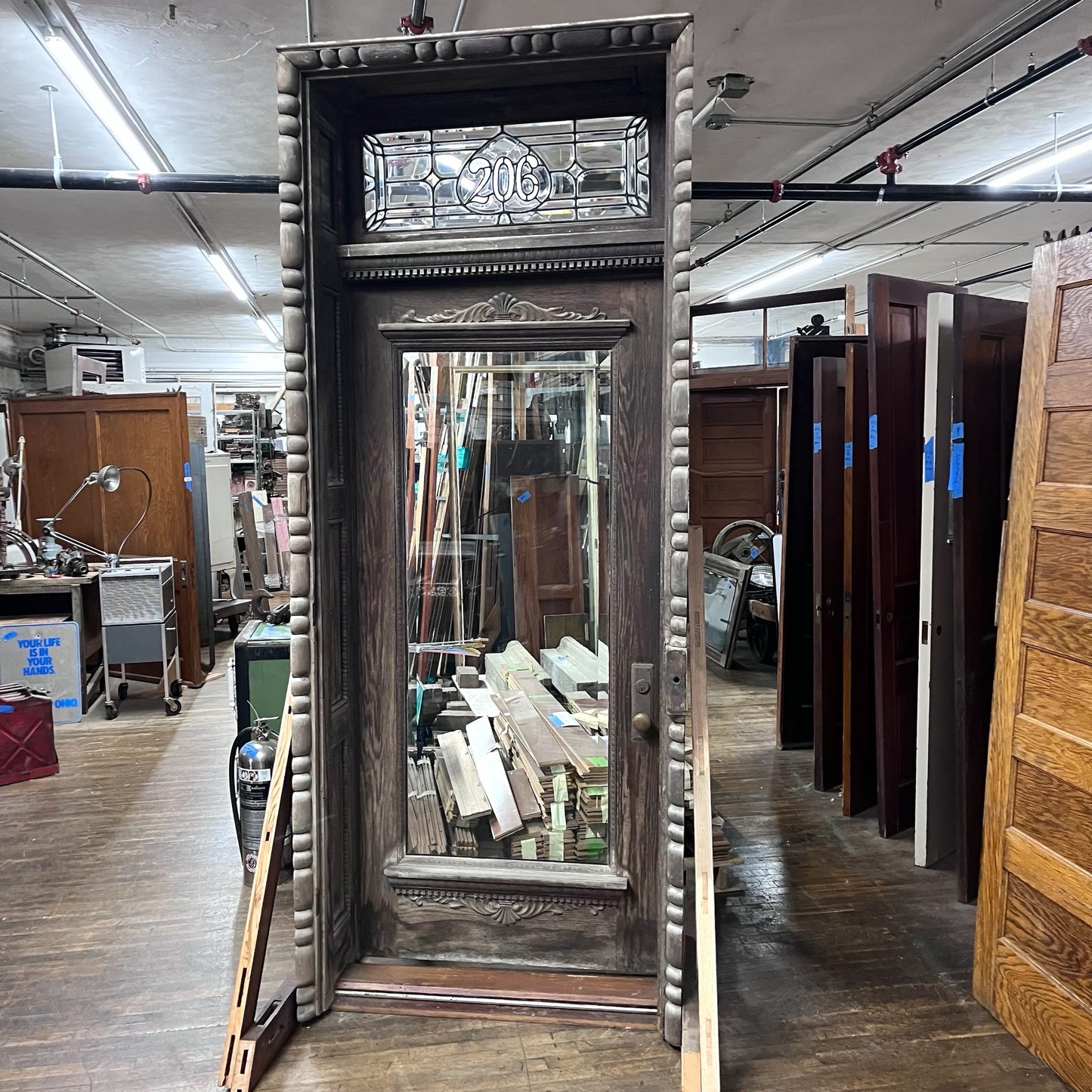 Antique Victorian Entry Door Set w/Leaded Glass Transom