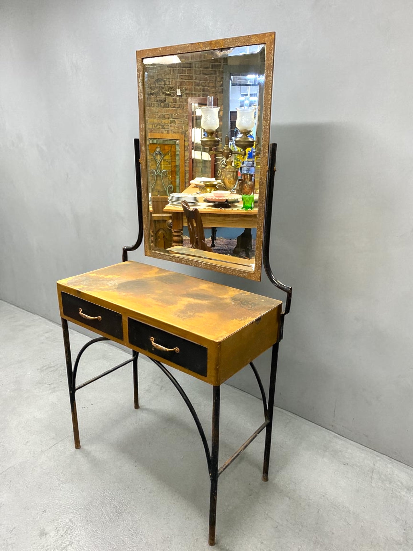 Antique Steel Vanity w/Original Beveled Mirror