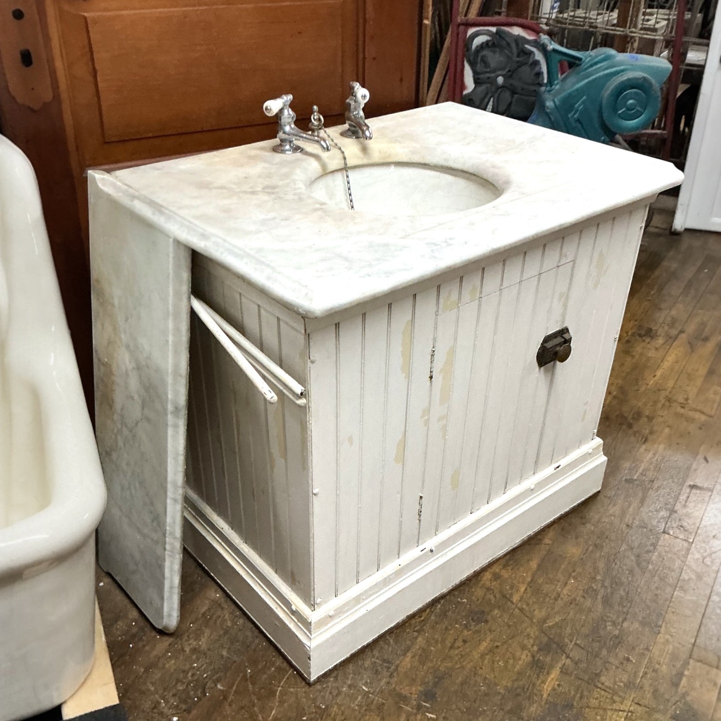 Antique Sink in Wood Cabinet w/Back Splash & Towel Rack
