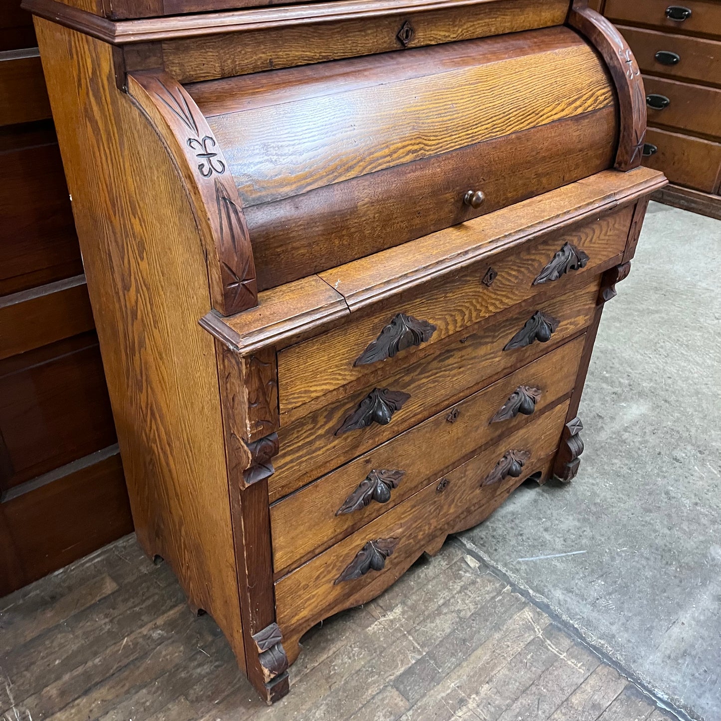 Antique Oak Victorian Roll Top Desk And Bookcase