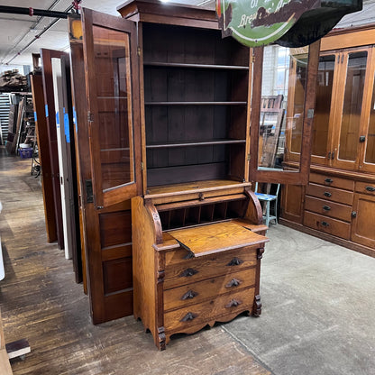 Antique Oak Victorian Roll Top Desk And Bookcase