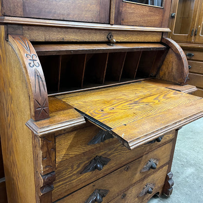 Antique Oak Victorian Roll Top Desk And Bookcase