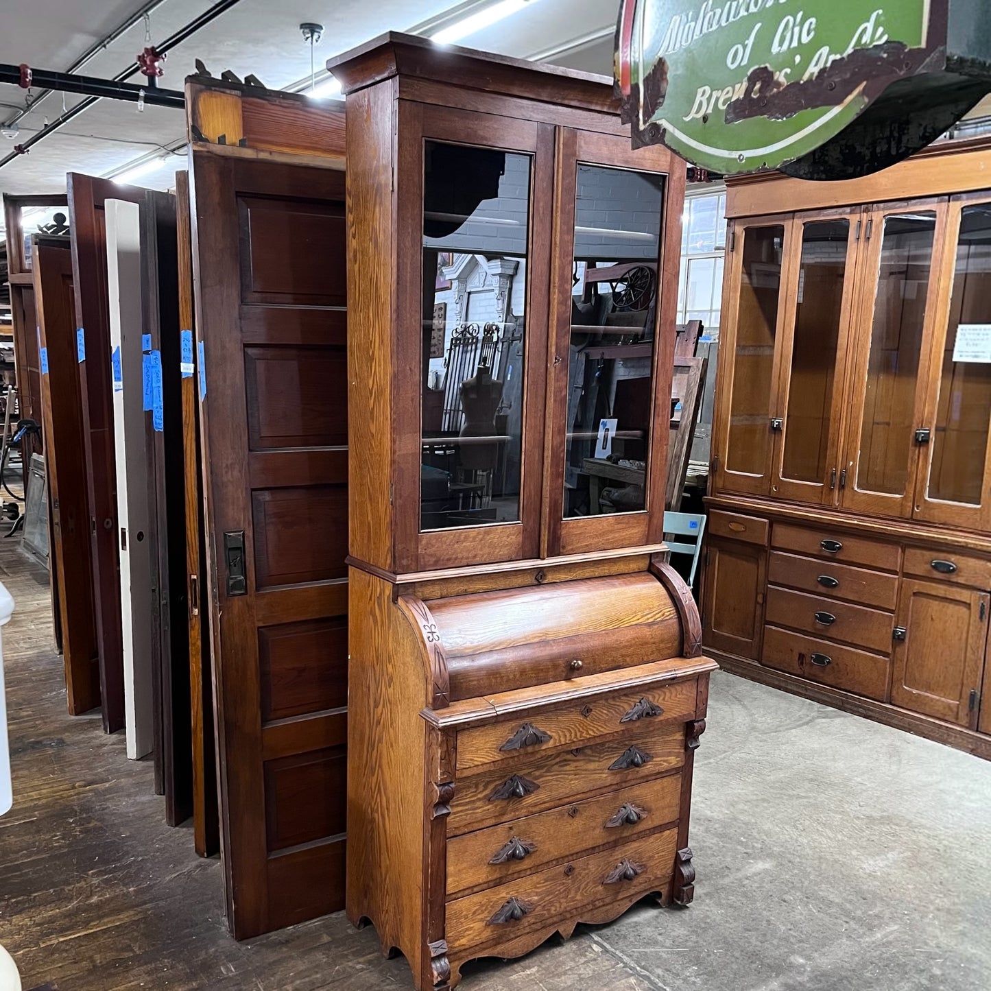 Antique Oak Victorian Roll Top Desk And Bookcase