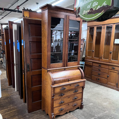 Antique Oak Victorian Roll Top Desk And Bookcase
