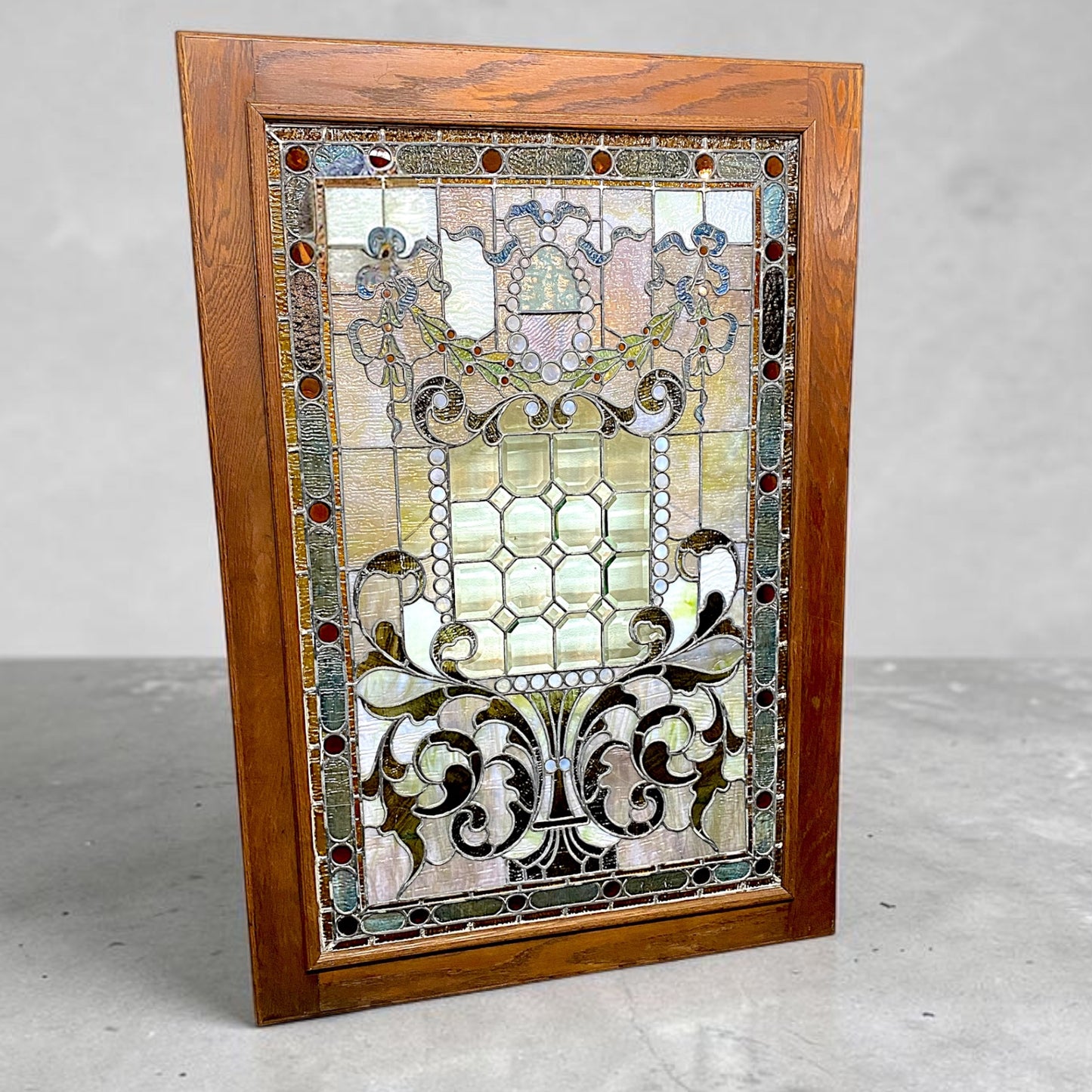 Antique Large Stained Glass Window w/Frame