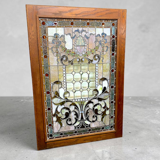 Antique Large Stained Glass Window w/Frame