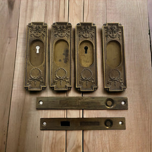 Antique Cast Brass Ornate Pair of Pocket Door Hardware Set