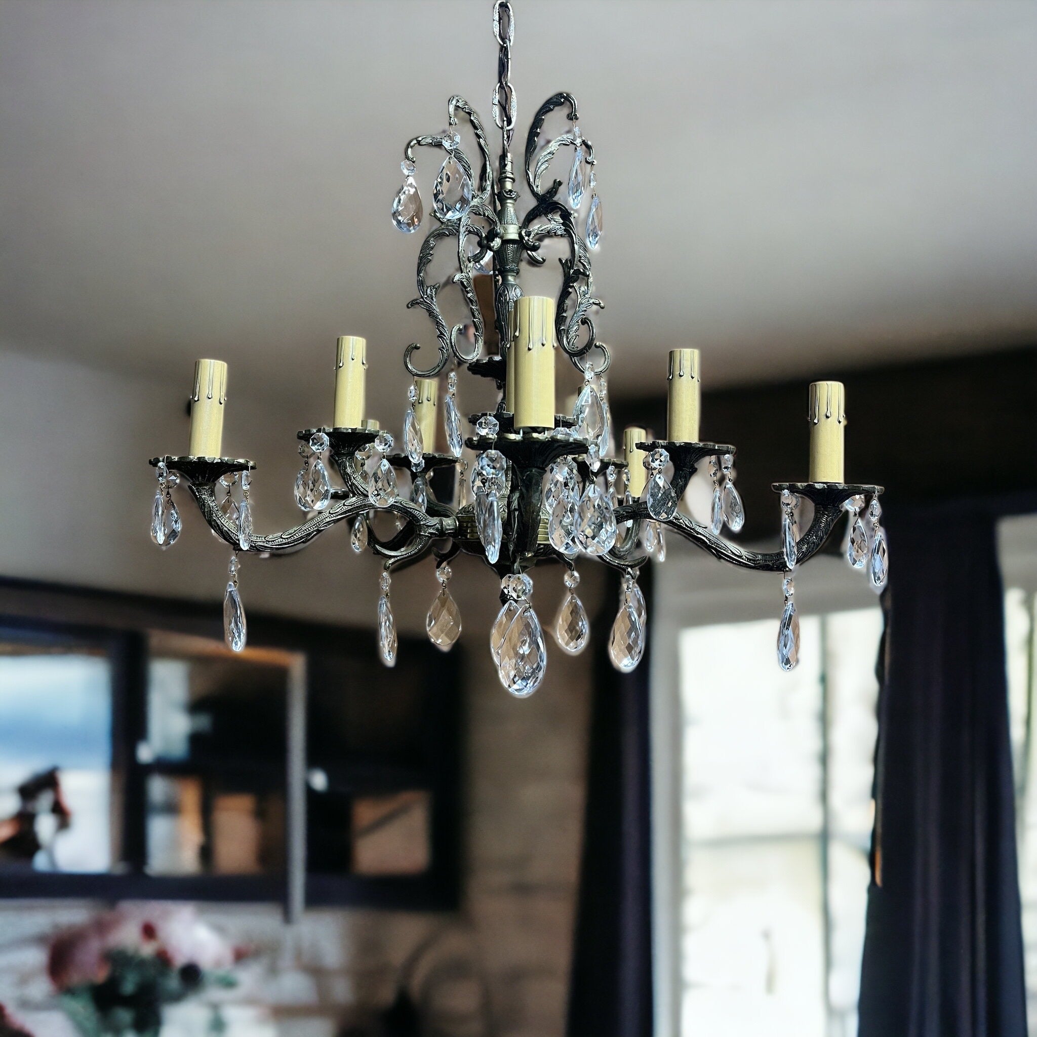 Antique Spanish Five Arm Solid Brass Crystal Chandelier