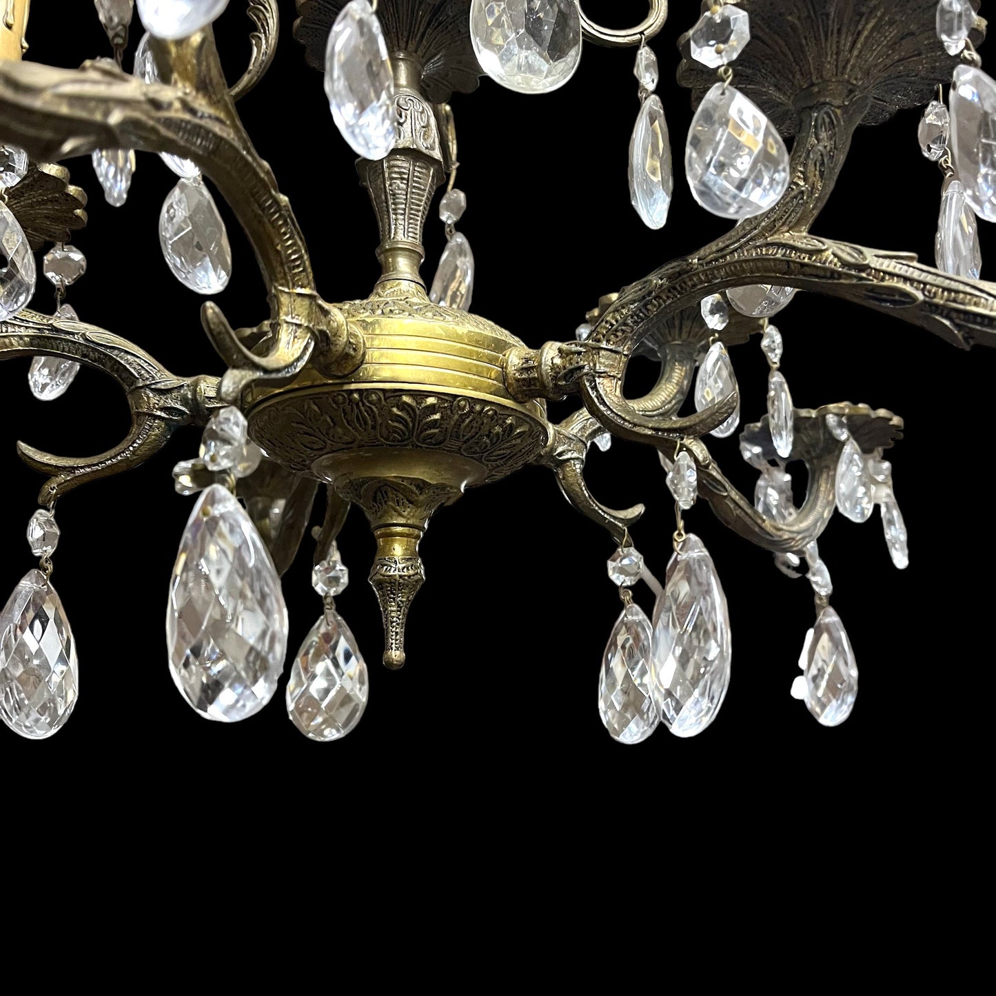 Antique Spanish Five Arm Solid Brass Crystal Chandelier