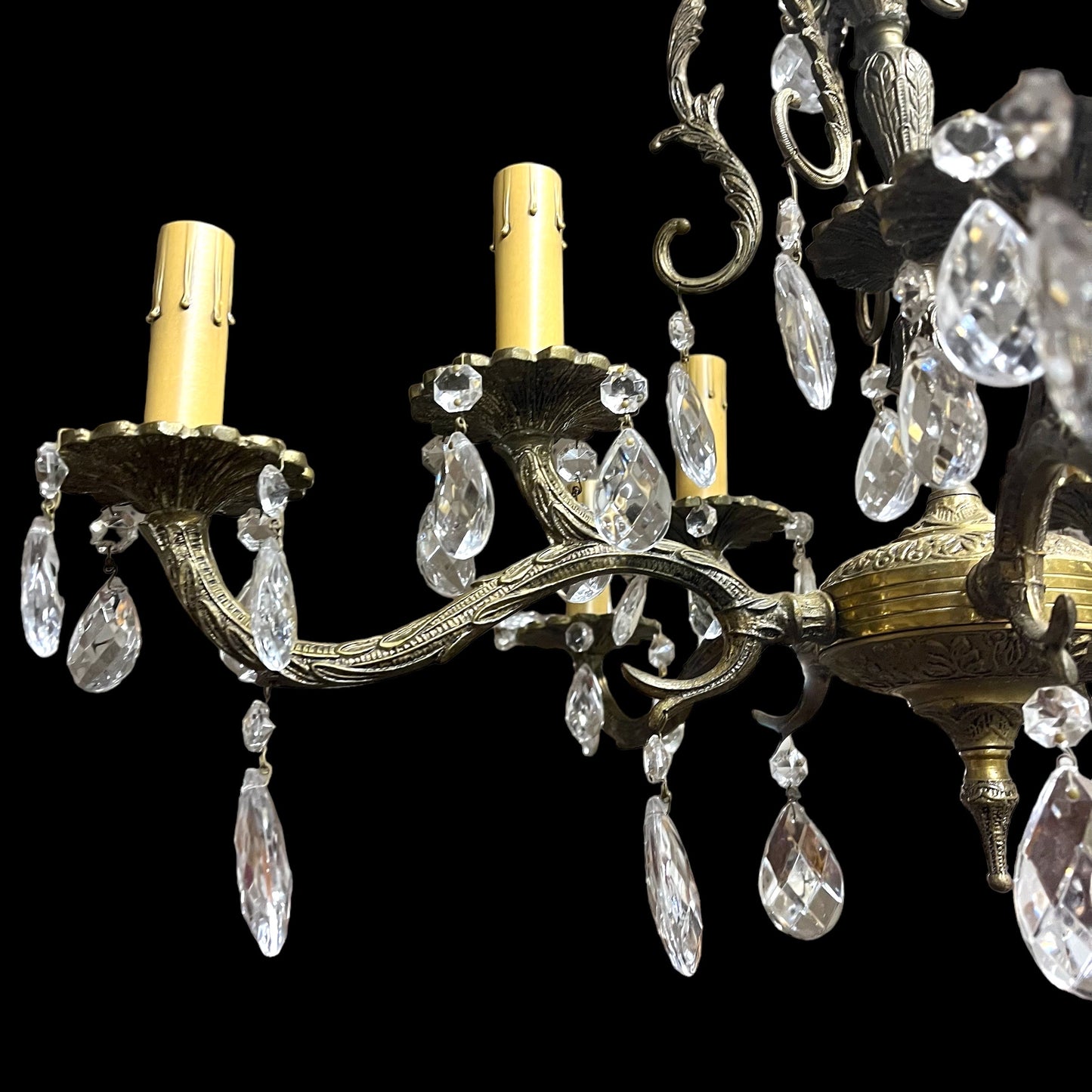 Antique Spanish Five Arm Solid Brass Crystal Chandelier