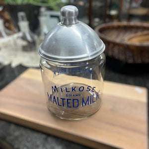 Antique "Milkose Brand Malted Milk" Glass Jar With Aluminum Lid