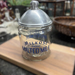 Load image into Gallery viewer, Antique &quot;Milkose Brand Malted Milk&quot; Glass Jar With Aluminum Lid
