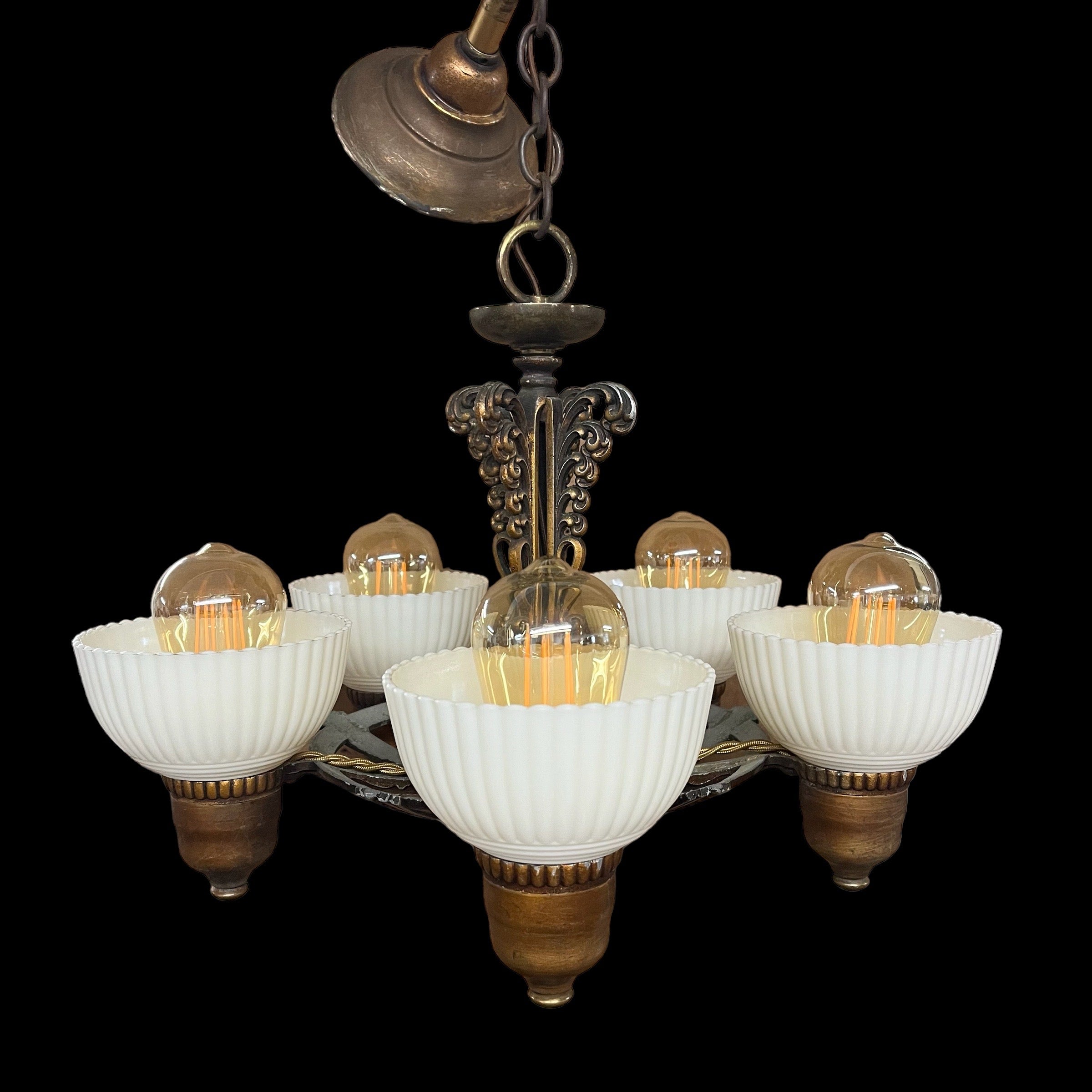 Antique Art Nouveau 5 Bulb Hanging Light/Chandelier With Glass Shades