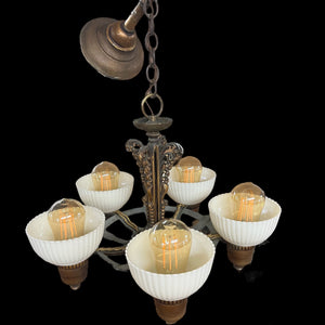 Antique Art Nouveau 5 Bulb Hanging Light/Chandelier With Glass Shades