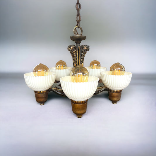 Antique Art Nouveau 5 Bulb Hanging Light/Chandelier With Glass Shades