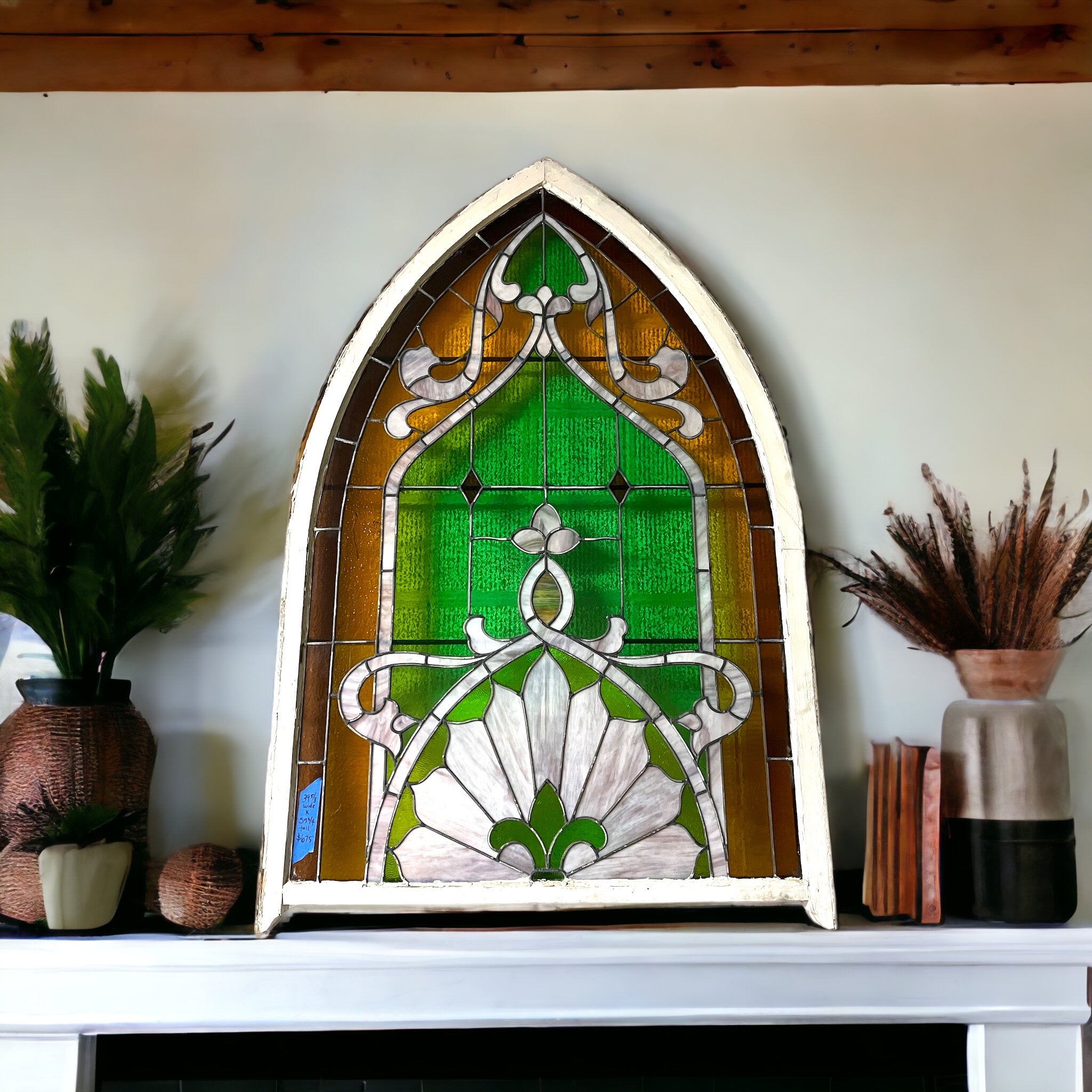 Large Antique Arched Stained Glass Window