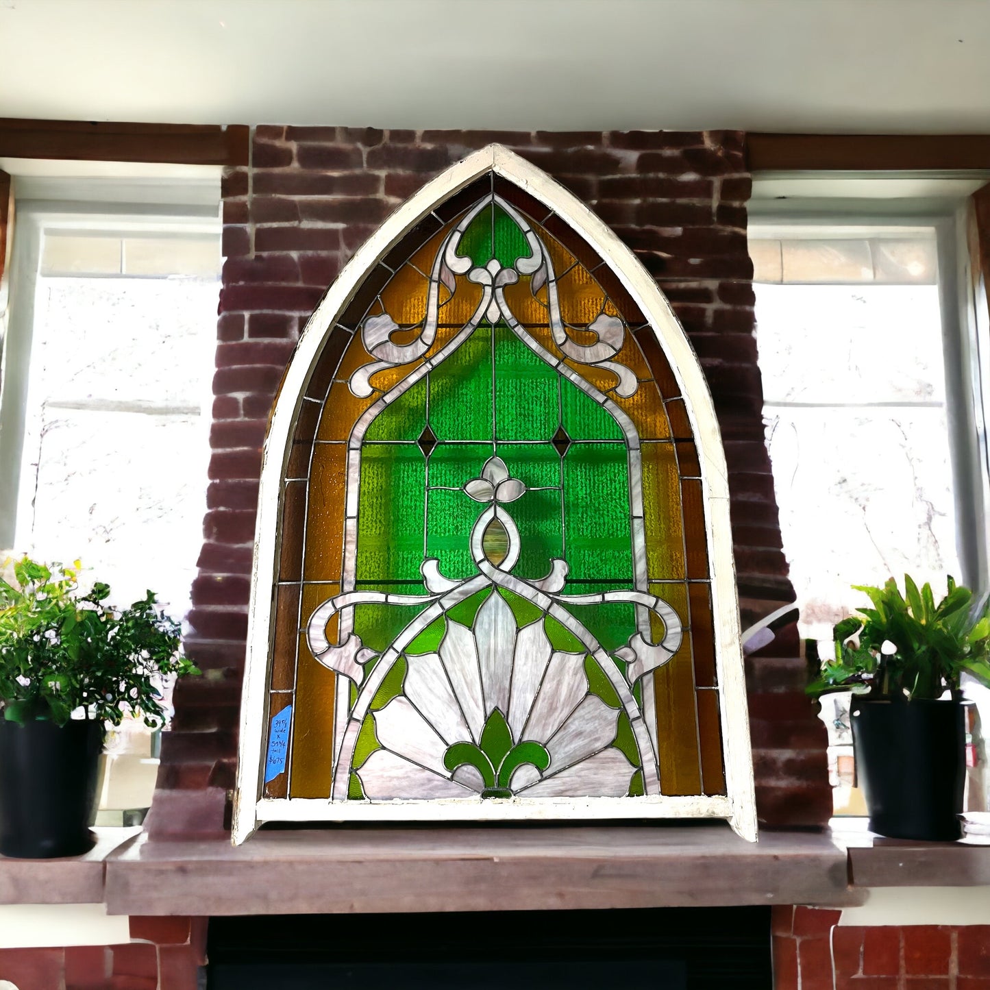 Large Antique Arched Stained Glass Window