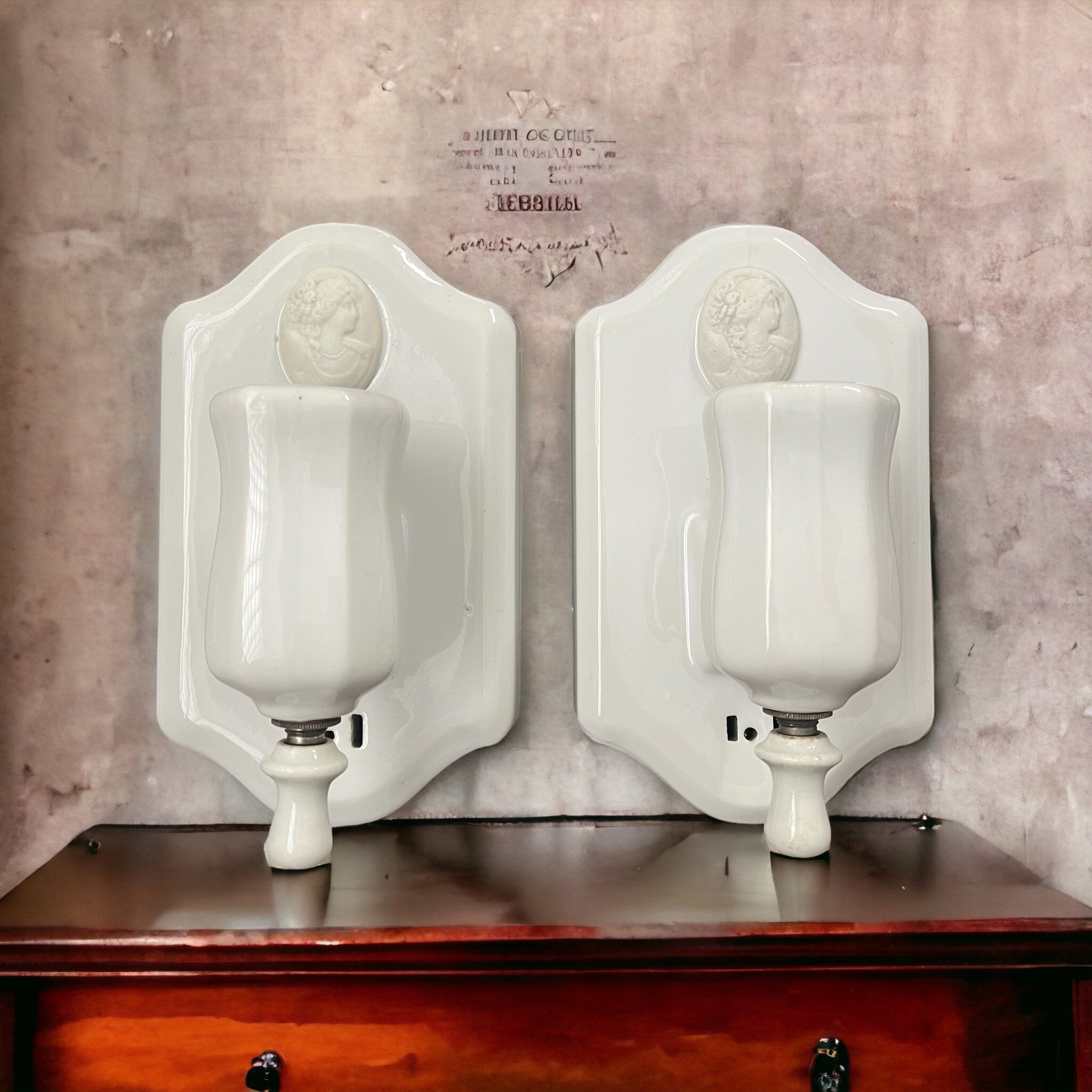 Pair of Antique Porcelain Wall Sconces with Victorian Lady Silhouette