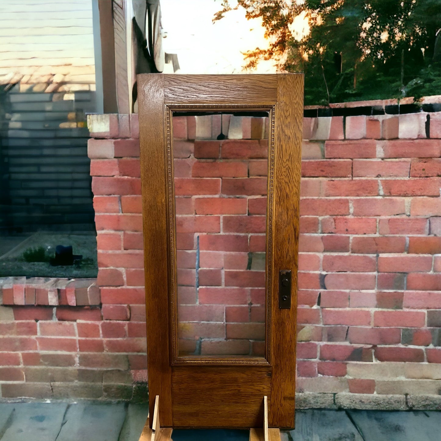 Beautiful Antique Oak Exterior Door with Egg & Dart Trim and Beveled Glass