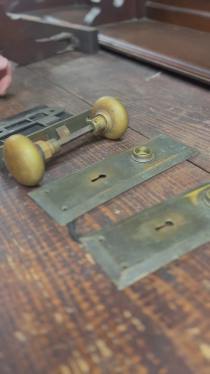 Antique Heavy Cast Brass Doorknob Set with “RHC” Stamped Mortise Lock and Escutcheons, and Functional Skeleton Key