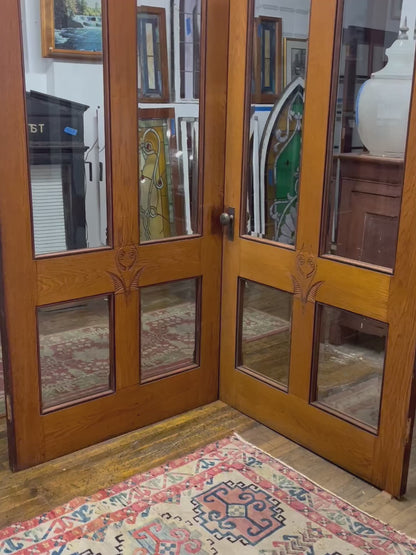 Antique (c. 1858) Victorian Oak French Doors with Thick Beveled Glass