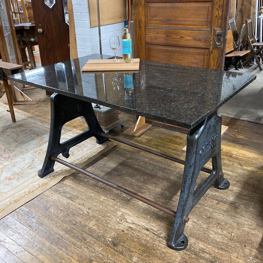 Reclaimed Table with Vintage Industrial Cast Iron Machine Legs and Granite Top
