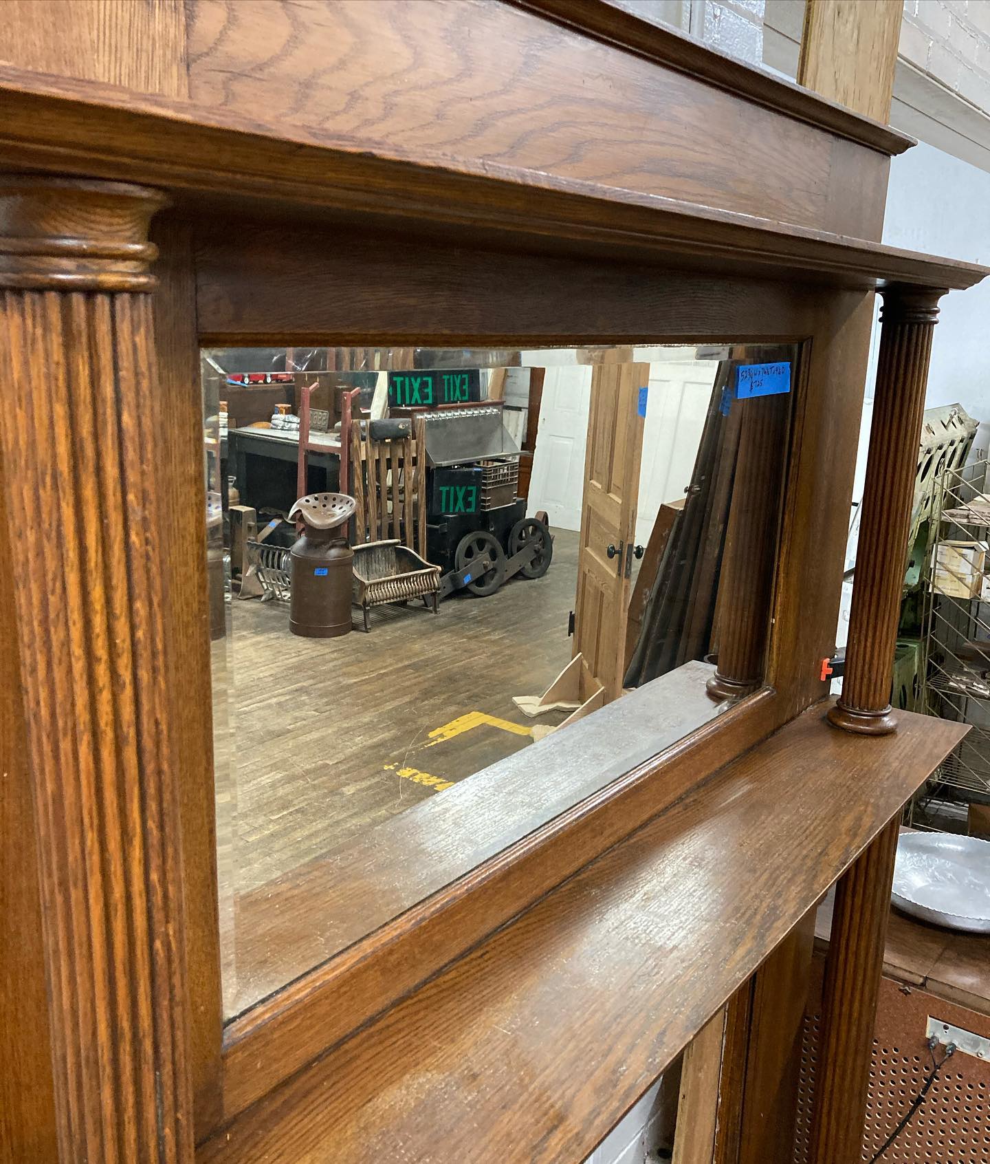 Antique Oak Fireplace Mantel/Surround with Beveled Mirror