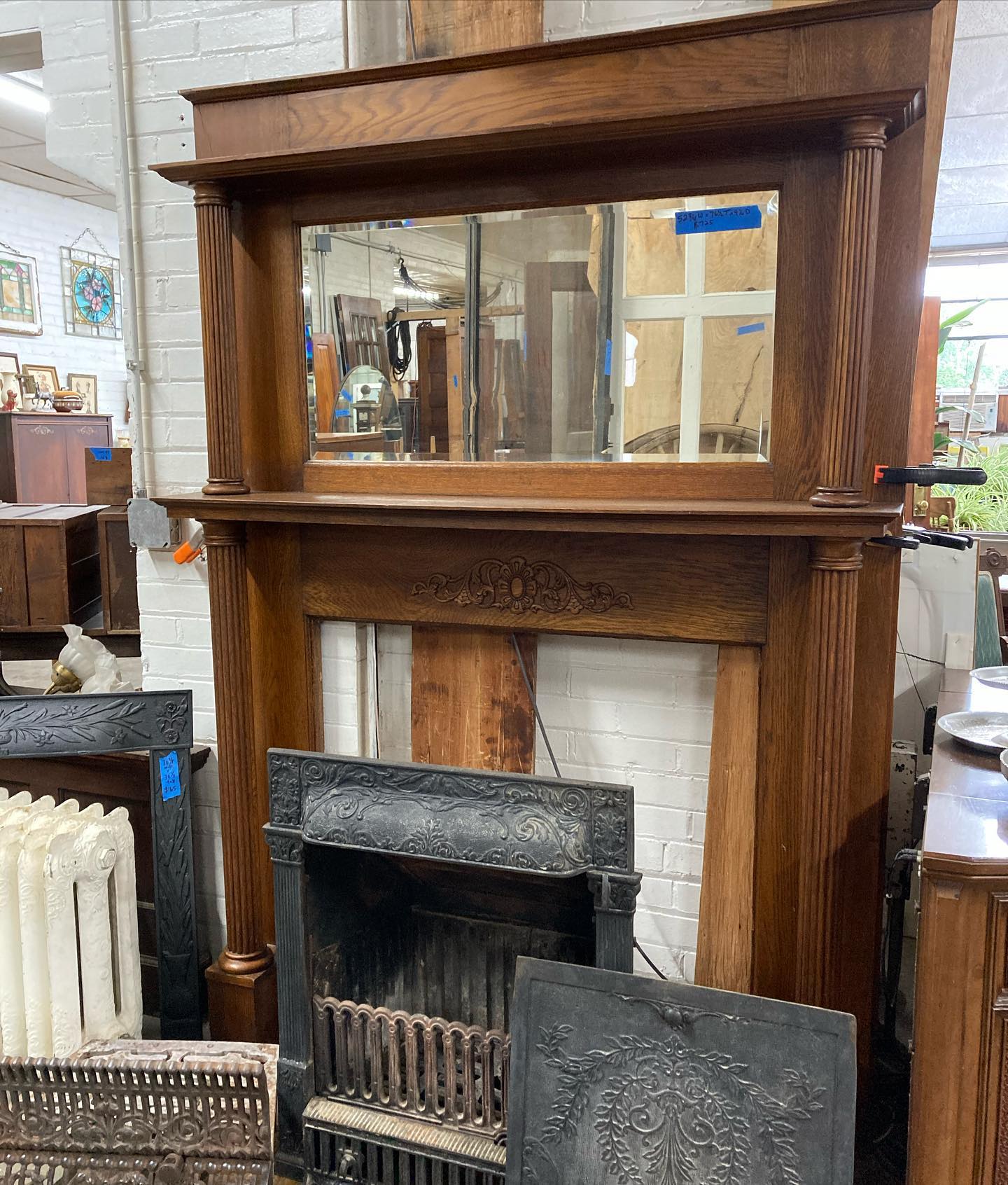 Antique Oak Fireplace Mantel/Surround with Beveled Mirror