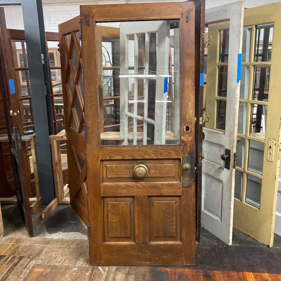 Antique 1890s Front Door with Original Solid Brass Hardware and Mechanical Door Bell