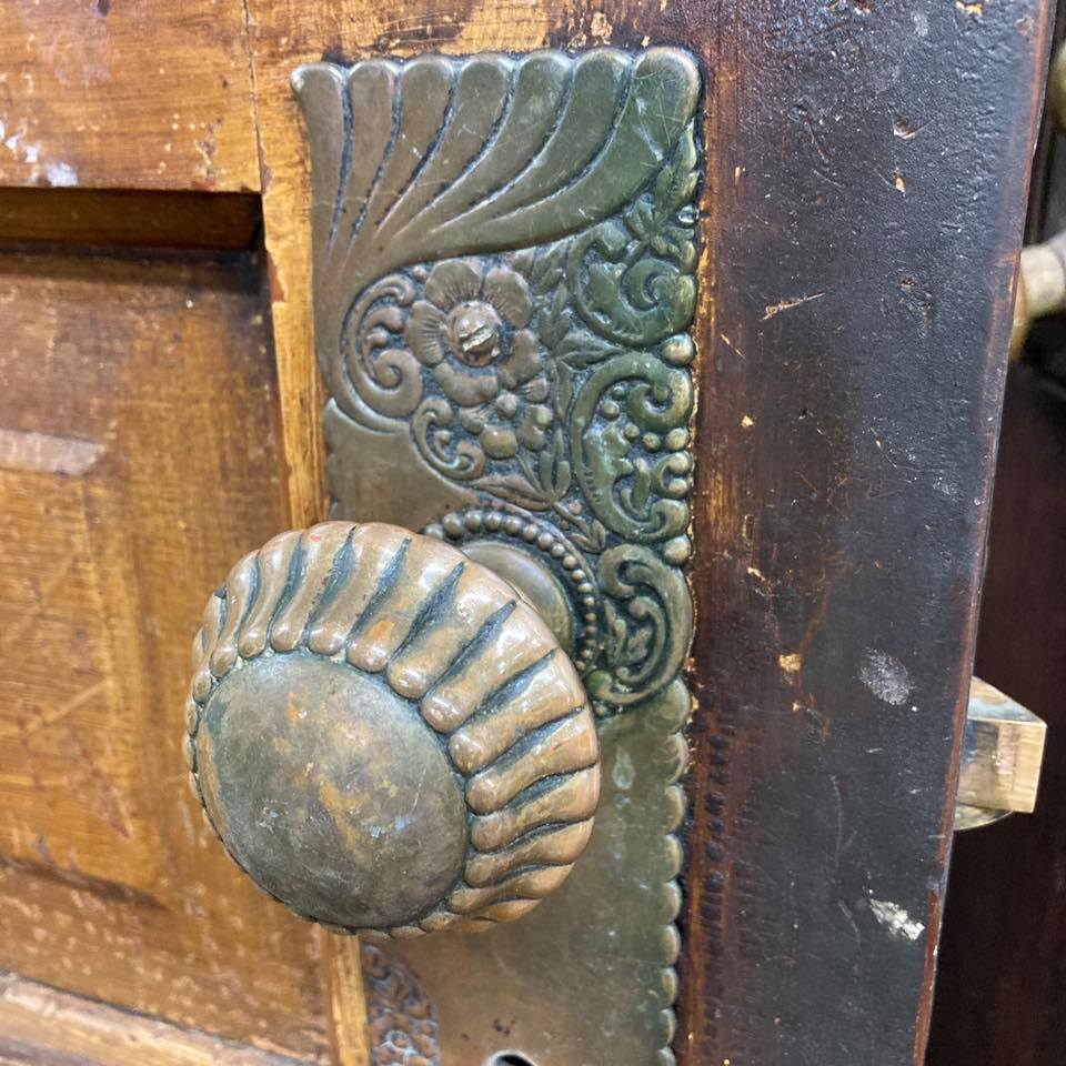 Antique 1890s Front Door with Original Solid Brass Hardware and Mechanical Door Bell