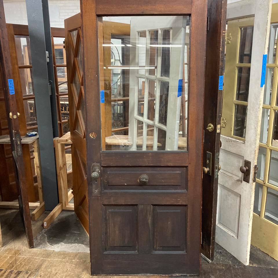 Antique 1890s Front Door with Original Solid Brass Hardware and Mechanical Door Bell