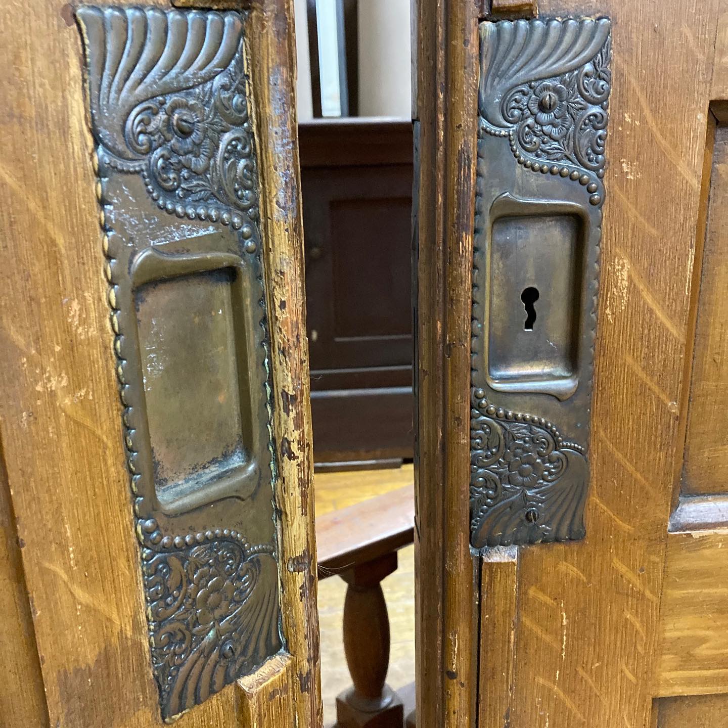 Antique 1890s Front Door with Original Solid Brass Hardware and Mechanical Door Bell
