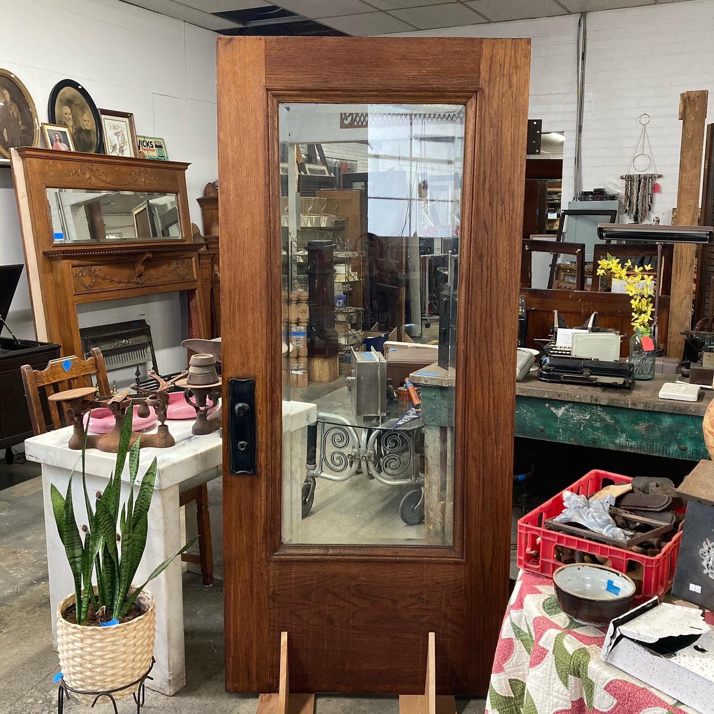 Oak Entry Door with Original Thick Beveled Glass