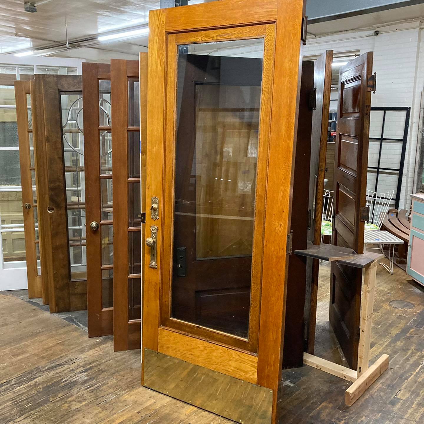 Antique Oak Entry Door With Original Hardware and Doorbell