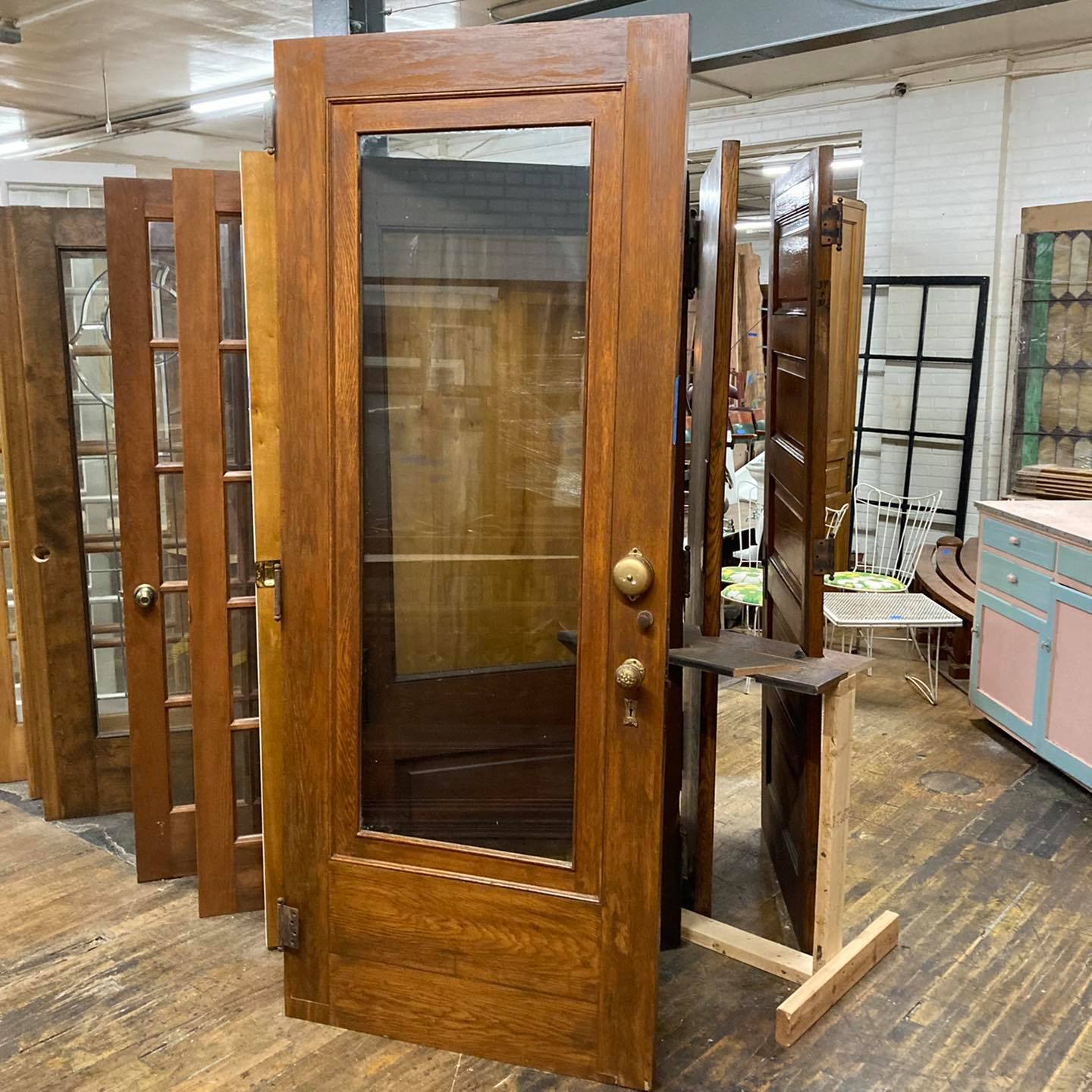 Antique Oak Entry Door With Original Hardware and Doorbell