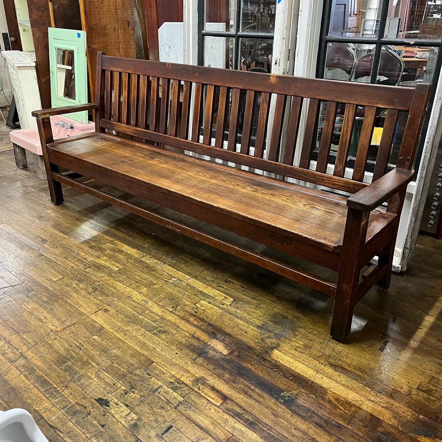 Antique 8ft Oak Slotted Back Bench