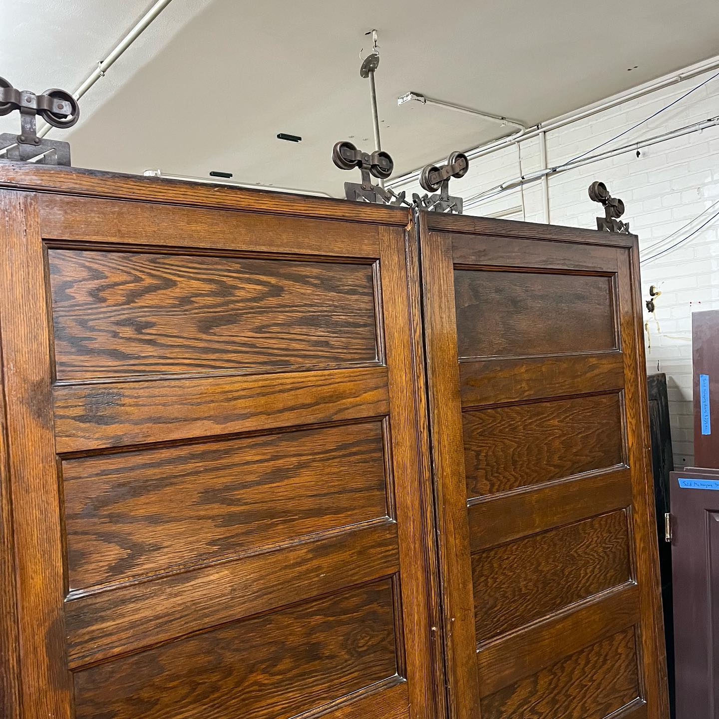 Antique Oak Pocket Doors with Original Hardware, Rollers and Track