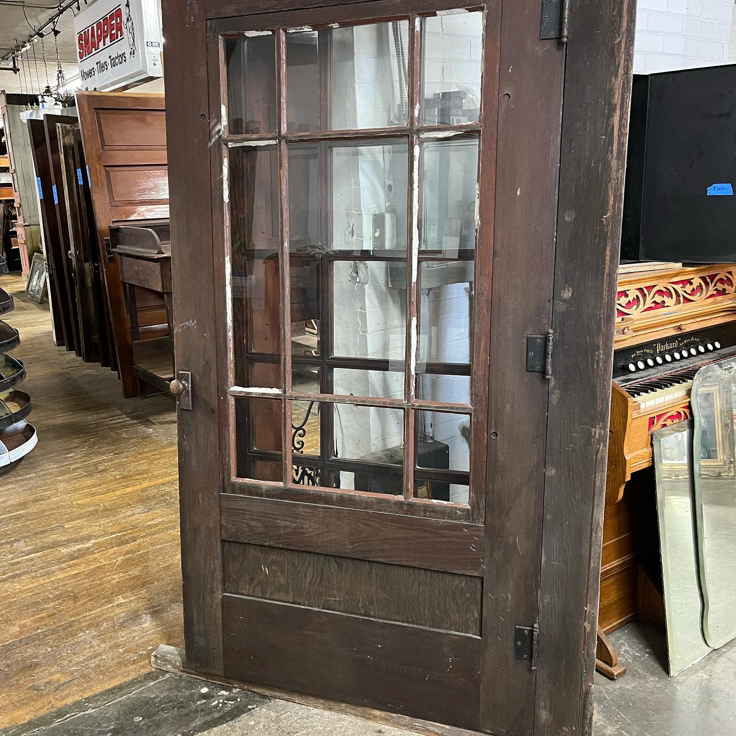 Antique Oak Beveled Glass 15-Lite Door with Original Frame, Storm Door and Hardware