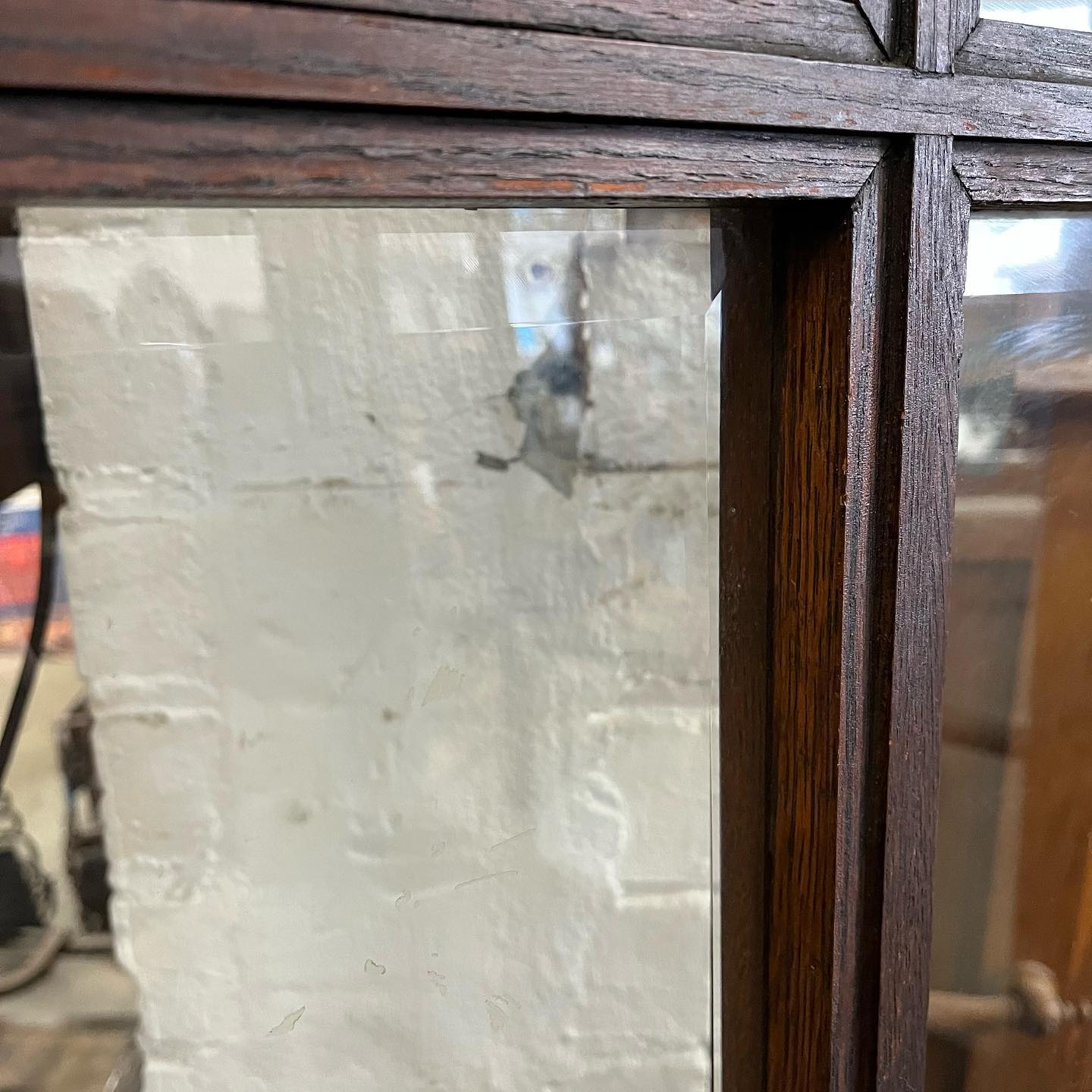 Antique Oak Beveled Glass 15-Lite Door with Original Frame, Storm Door and Hardware