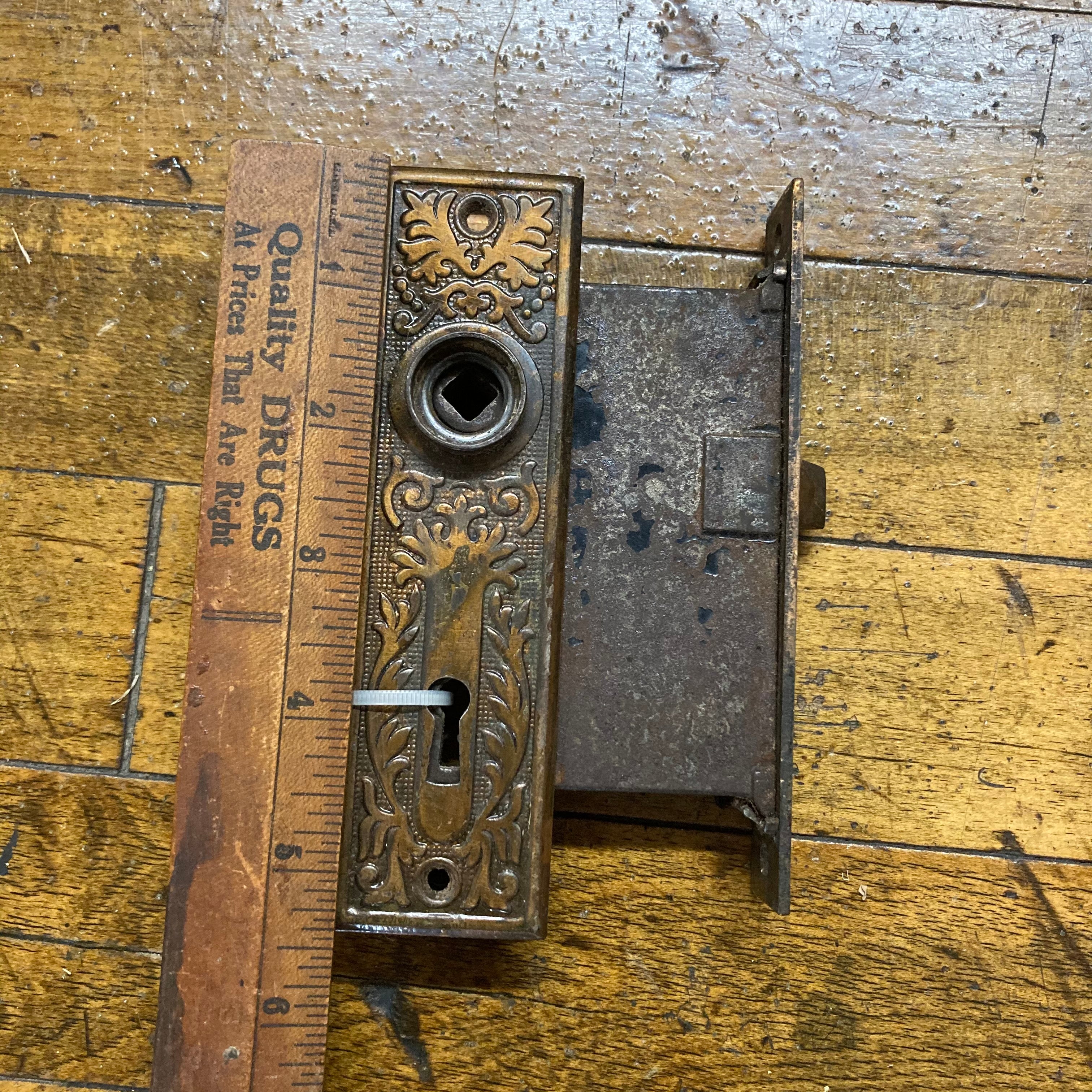 Antique Ornate Mortise Lock with Pair of Back Plates