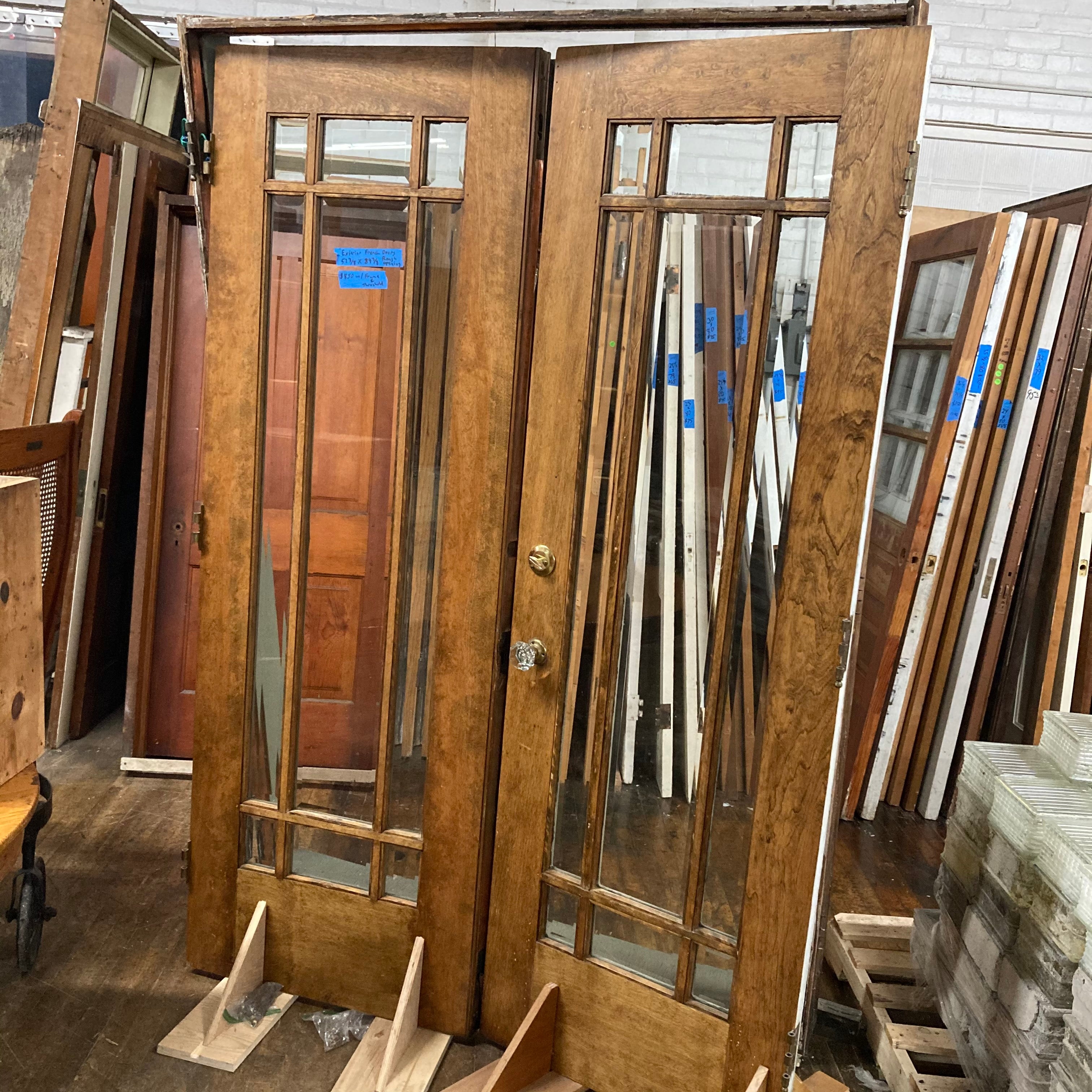 Antique Exterior French Doors with Beveled Glass - Includes Frame