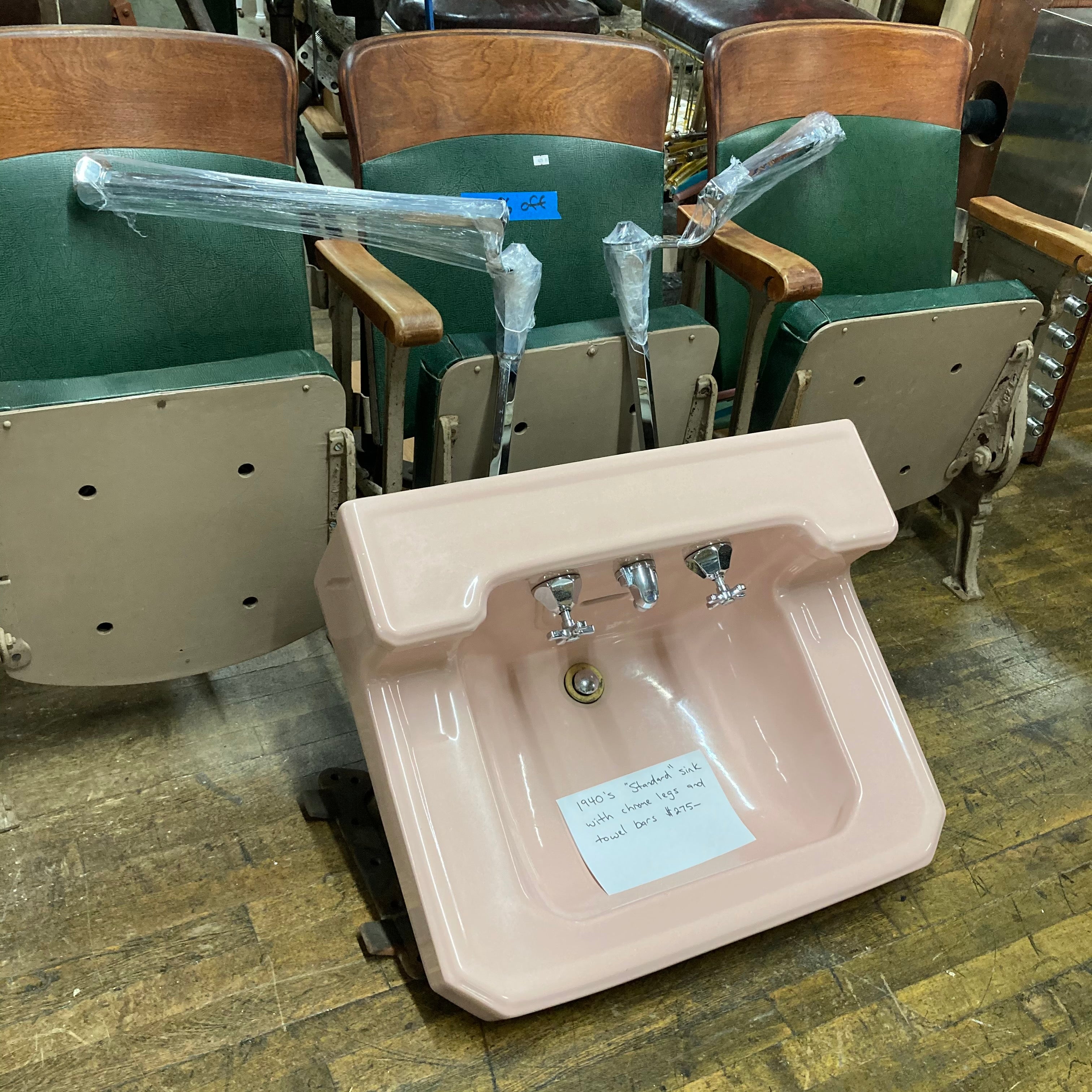 1940s Standard Pink Sink with Chrome Legs and Towel Bars
