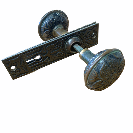 Antique Solid Cast Brass Branford Door Knob Set With Backplates (c. 1893)