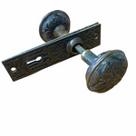 Load image into Gallery viewer, Antique Solid Cast Brass Branford Door Knob Set With Backplates (c. 1893)
