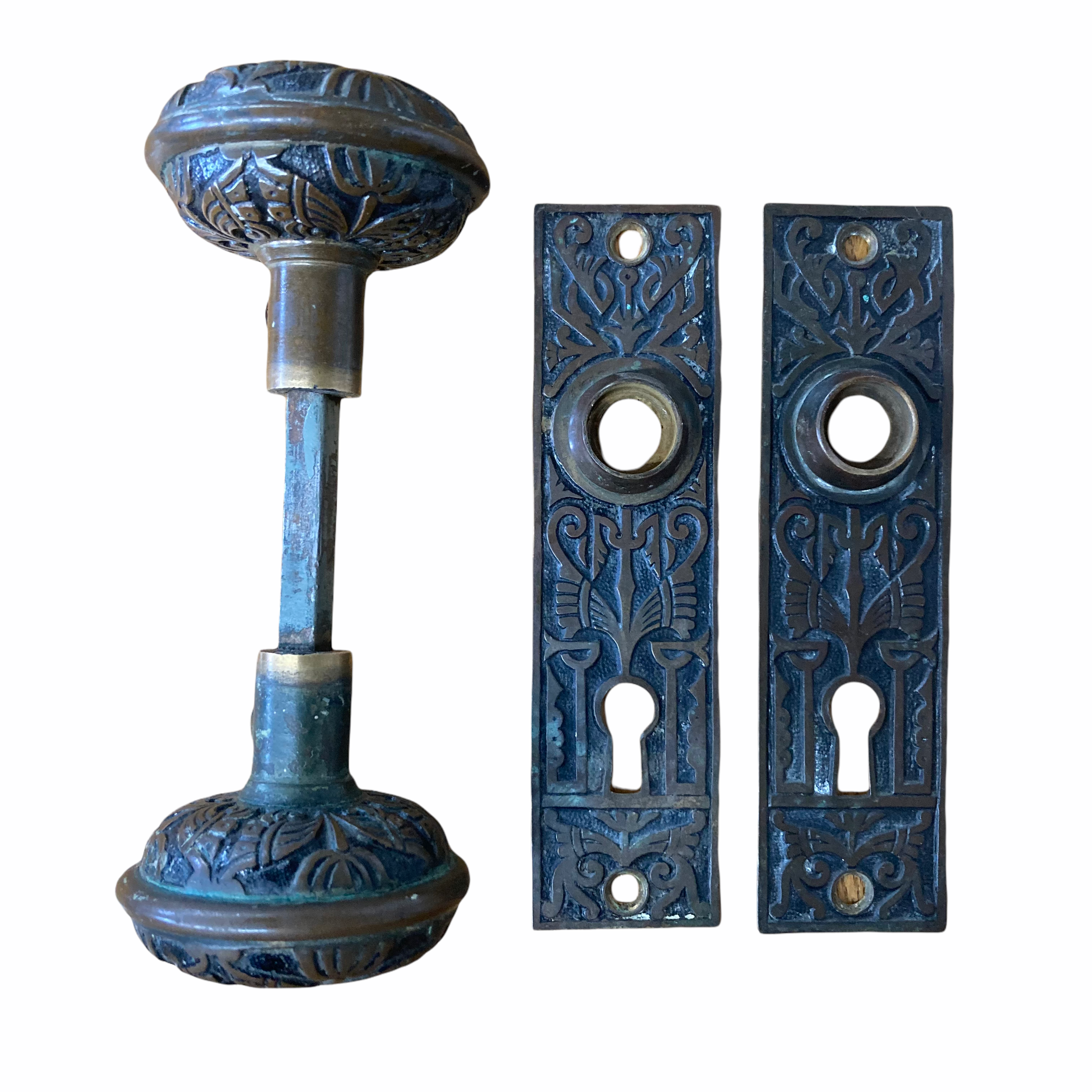 Antique Solid Cast Brass Branford Door Knob Set With Backplates (c. 1893)