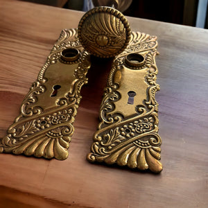 Antique Brass Corbin Roanoke c. 1895 Doorknob Set with Escutcheon Plates